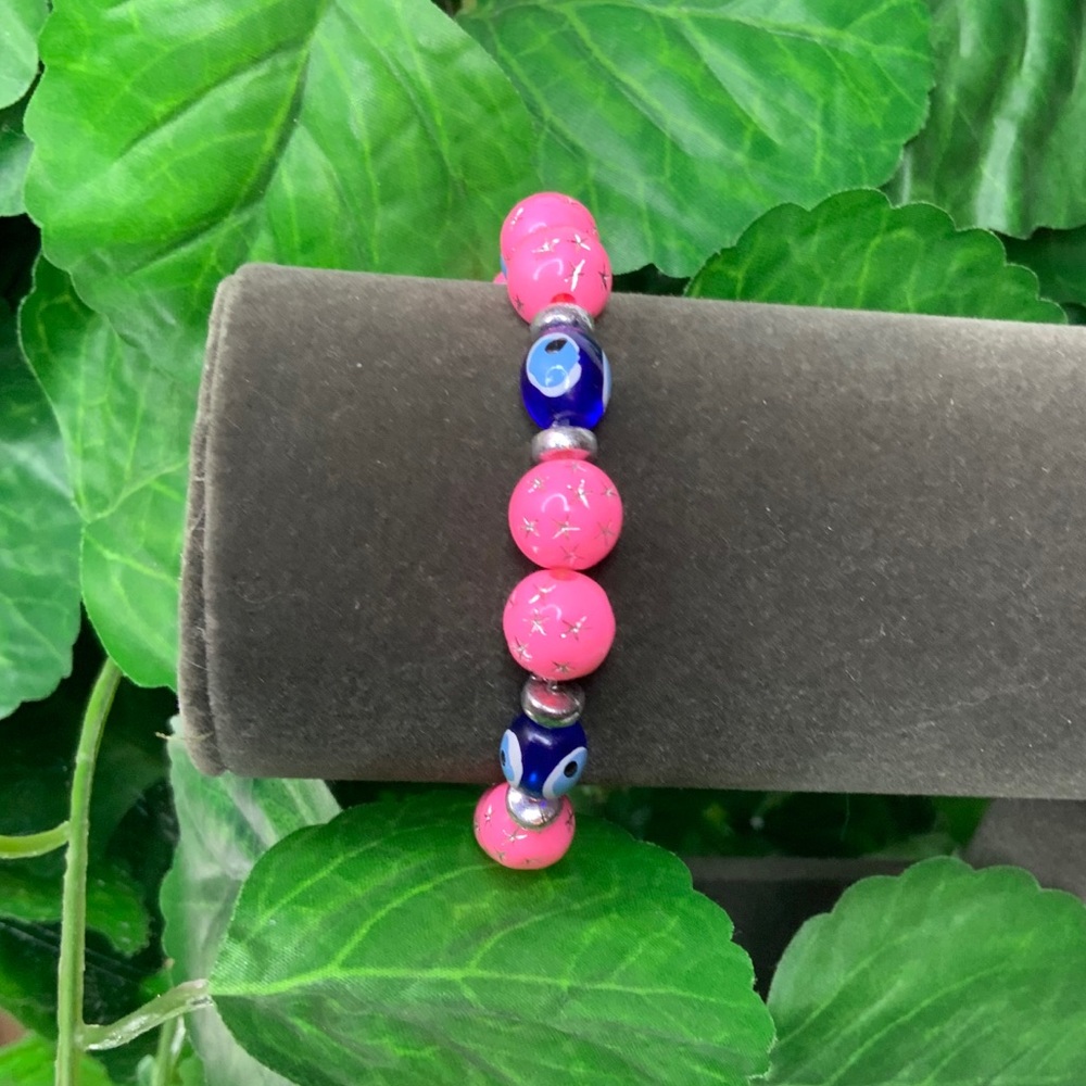 Bracelet Silver tone Blue Glass Pink Beads #D1-08